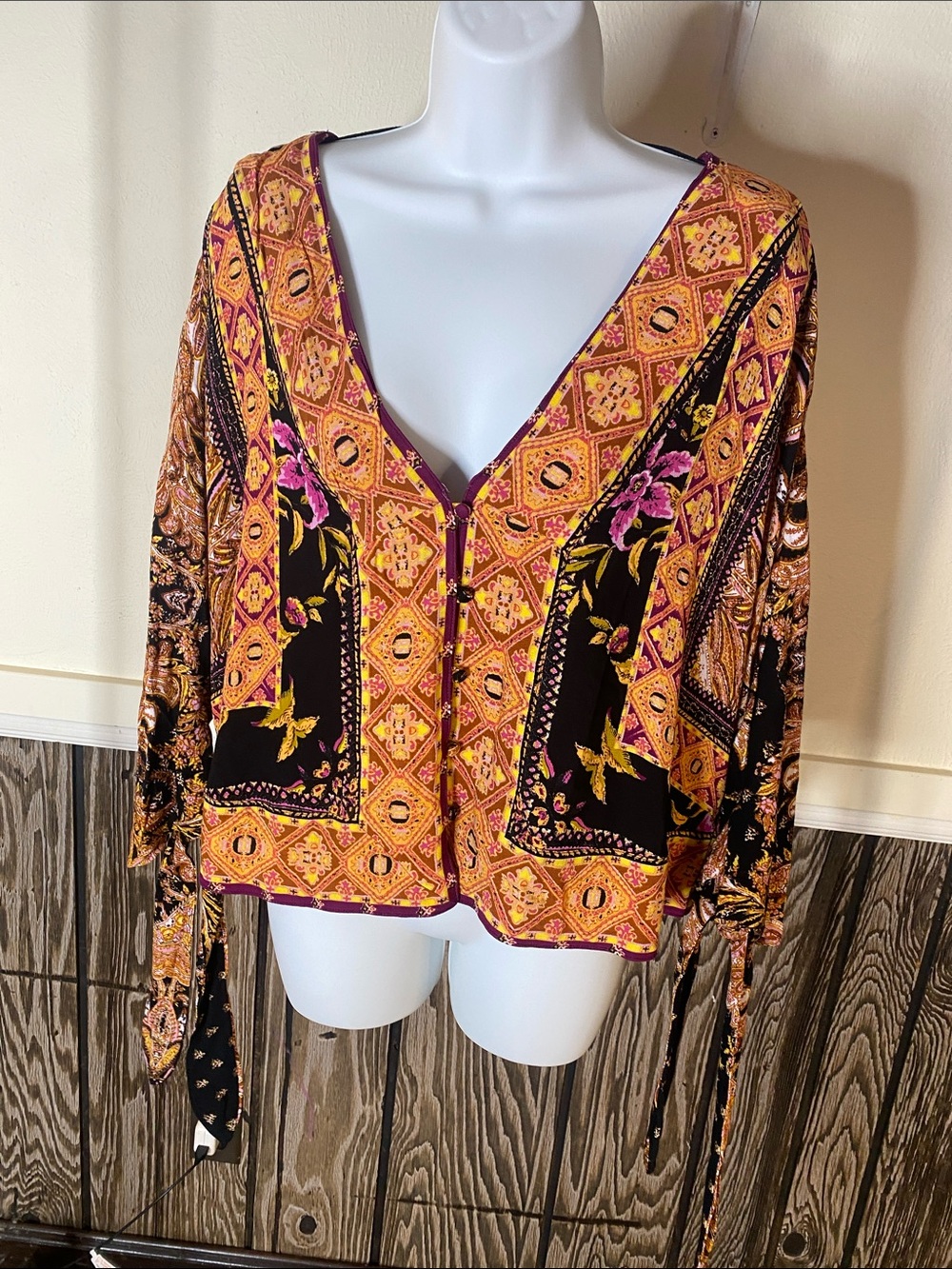 Free People Yellow Black & Pink Printed Blouse